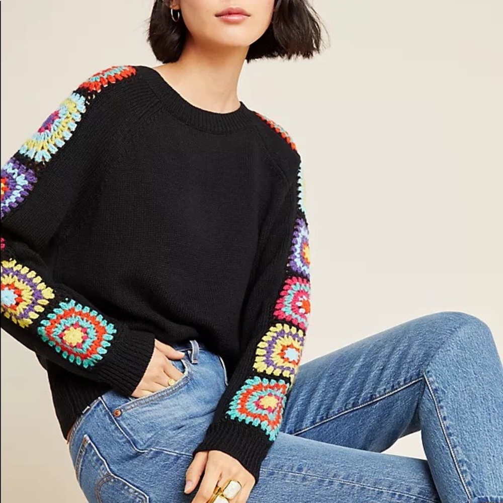 Crochet Black Sweater Anthropologie Maeve Blanket Sleeves Adela